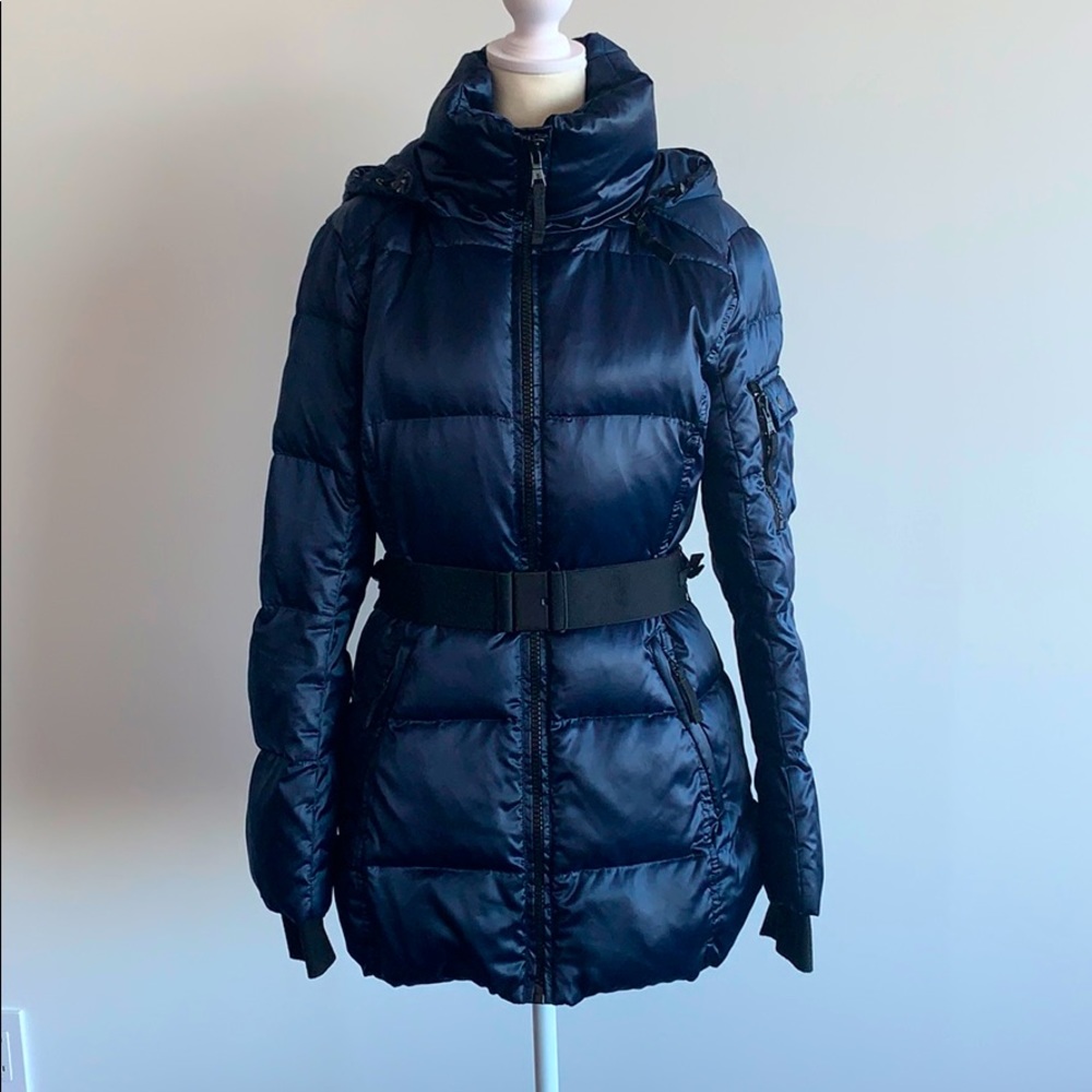S13/NYC Beautiful Long Warm Coat Waist Belt Navy